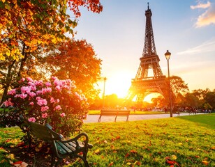 Eiffel Tower backdrop with vivid autumn foliage and tranquil park ambiance