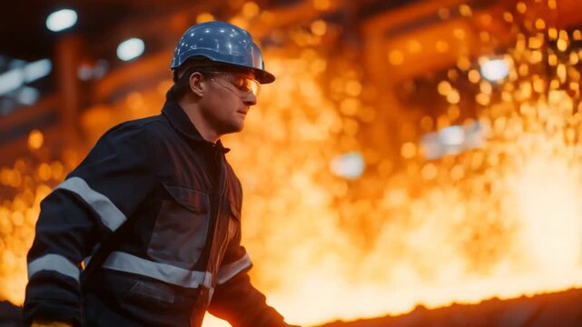 A metal industry worker melts aluminum in a high-tech plant, with a fiery furnace casting dramatic shadows and illuminating their protective gear.