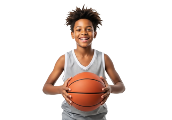 Happy african american boy holding a basketball isolated on transparent background, smiling and ready to play, perfect for sports and active lifestyle