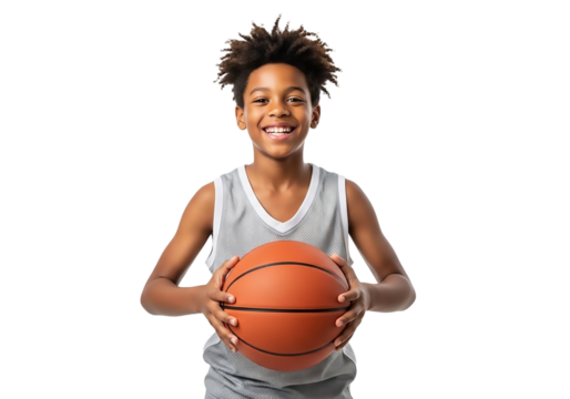 Happy african american boy holding a basketball isolated on transparent background, smiling and ready to play, perfect for sports and active lifestyle
