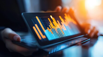 Hands holding a tablet displaying financial charts