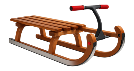 Traditional wooden sled with metal runners and steering bar for downhill rides