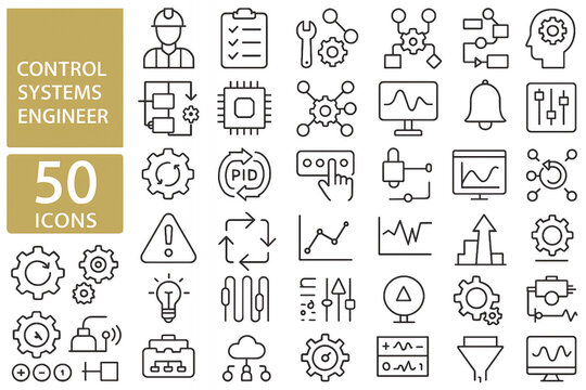 Control Systems Engineer Line Icon Set &ndash; Automation, PID Control, Feedback Loops, PLC/SCADA, Sensors, Robotics & Industrial Process Control