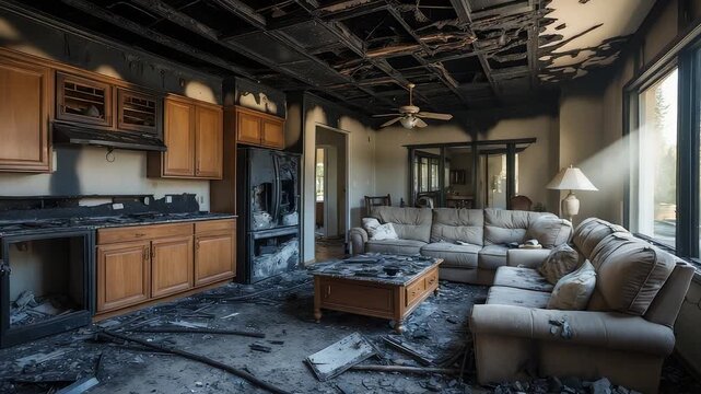 Burned Living Room Damaged Sofa Kitchen Debris Ceiling Collapse House Fire Ruin Scene