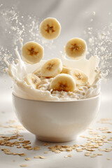 Oatmeal bowl splash with banana slices. Healthy breakfast.