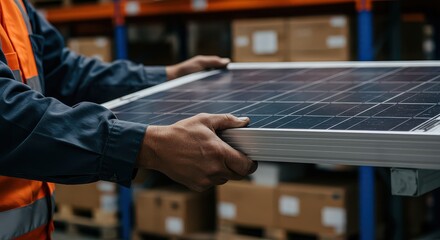 Fototapeta premium A worker holding a solar panel in a warehouse with boxes and shelves in the background view in detail