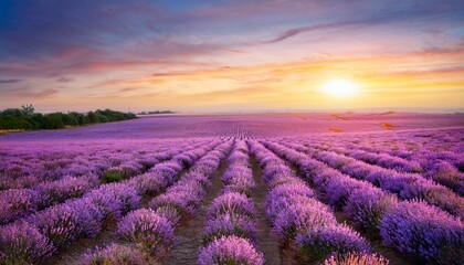 Obraz premium lavender field at sunrise pastel sky pink purple flowers landscape