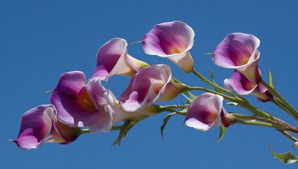 Fototapeta premium Lilac calla lilies reaching skyward on bare stems against vibrant blue