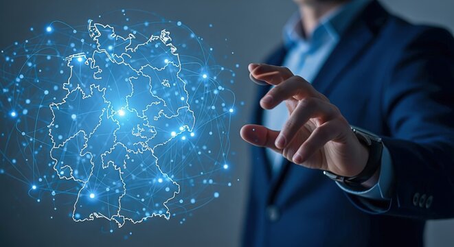 Germany digital connectivity concept with network of interconnected data points, businessman manipulating data interface