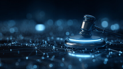 Legal Action, Law Gavel, Digital Environment, 3D Illustration, Technology Concept