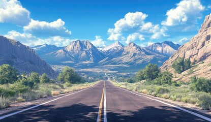 Naklejka premium A scenic road winds through a majestic mountain range on a sunny day.