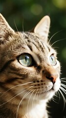 Naklejka premium Close-up of a tabby cat with striking green eyes and detailed fur texture