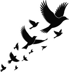 Obraz premium Flying birds silhouette vector — dynamic diagonal arrangement with varied sizes for depth and motion