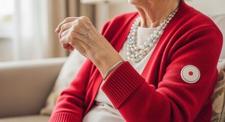 Senior Woman's Wrist and Red Medical Alert Device, Elderly Safety, Health Monitoring at Home