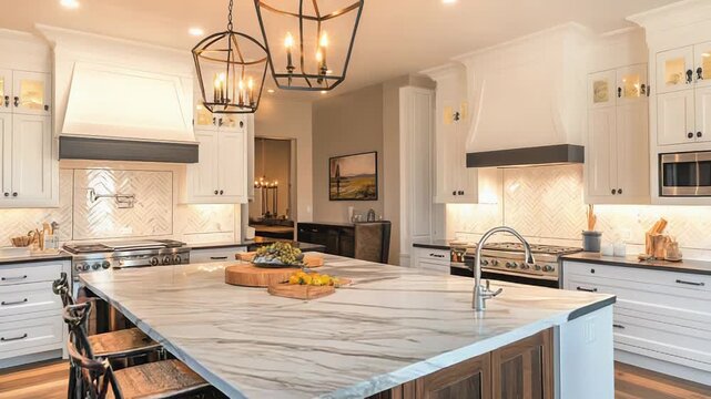 Modern farmhouse kitchen boasting marble island and white cabinets