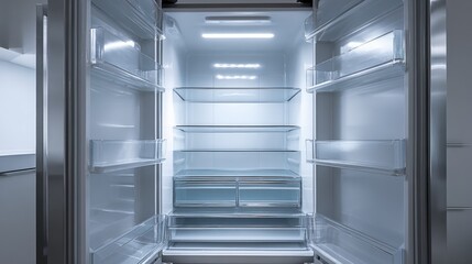 Empty Refrigerator Interior with Shelves and Drawers, Modern Kitchen Appliance, Ready for Food Storage
