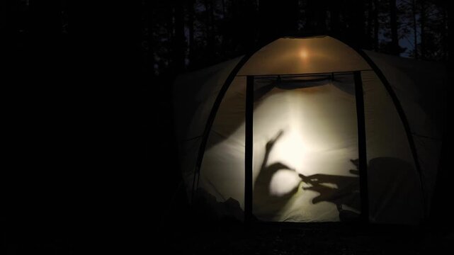 Silhouettes of children create playful shadow puppets inside a glowing tent during nighttime in the forest, capturing a fun and creative moment of outdoor adventure