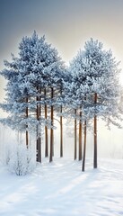 Snow-Laden Pine Trees Glimmering Under Frosty Morning Sunlight Creating a Tranquil Winter Wonderland