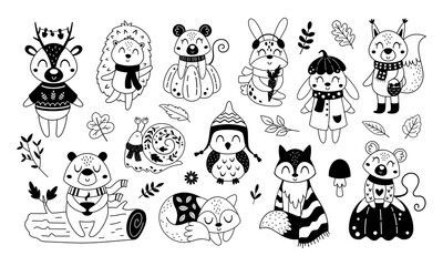 Black and whit autum forest animals clipart set. Fall characters in cartoon vector style. 
