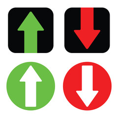 Green Up Arrow and Red Down Arrow Vector Icons in Square and Circle Shapes on White Background
