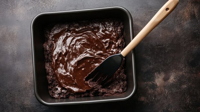 A close-up of a brownie mixture in a baking pan, showing a rich, glossy chocolate batter with a spatula, ready for baking.