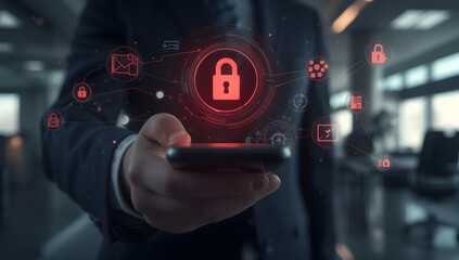 Man holding smartphone with digital security lock and icons overlay