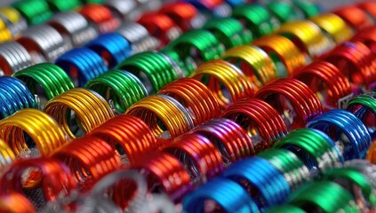 Close-up of colorful, coiled rings