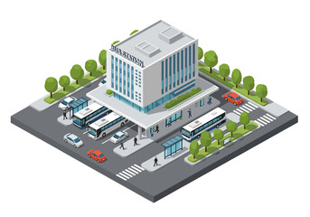 3D isometric illustration of a busy bus station with a modern terminal building, multiple buses parked at platforms, waiting passengers, cars, and surrounding trees