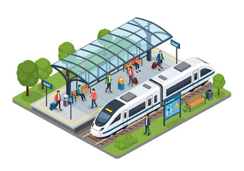 3D isometric illustration of a modern train station with a high-speed train arriving, passengers waiting on the platform with luggage, and station infrastructure © meeblues