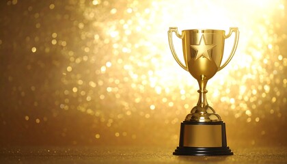 Champion's gold trophy with a star symbolizing success and victory, set against a sparkling glitter background.