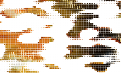 Modern digital art, abstract mosaic pattern. Brown, beige pixels on white background. Stock photo.