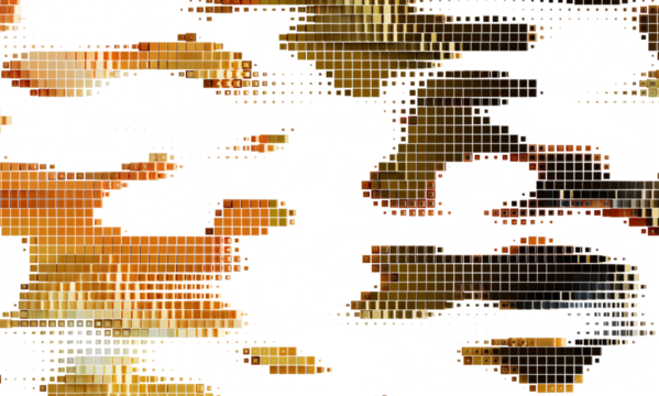 Modern digital art, abstract mosaic pattern. Brown, beige pixels on white background. Stock photo.