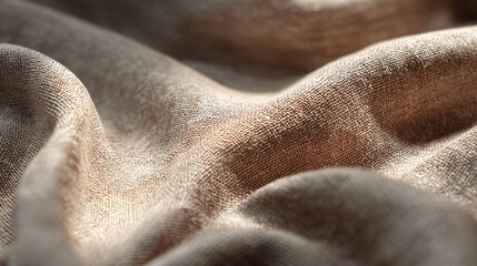 Fototapeta premium Close-up of natural linen or cotton fabric in warm beige tones, showcasing subtle weave detail with soft daylight shadows. Clean simple eco-friendly aesthetic