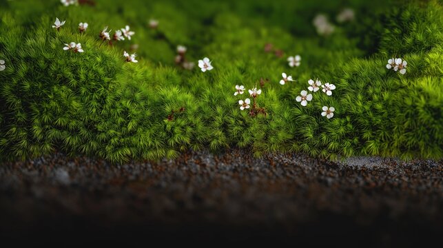 Lush green moss with tiny white flowers in natural habitat