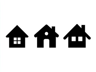 Three simple black silhouette house icons arranged horizontally. Each house features a basic roof, walls, and window(s)