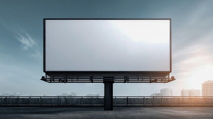 Blank Billboard on Rooftop Mockup for Advertising Campaign, Urban Landscape with City Skyline and Sunset