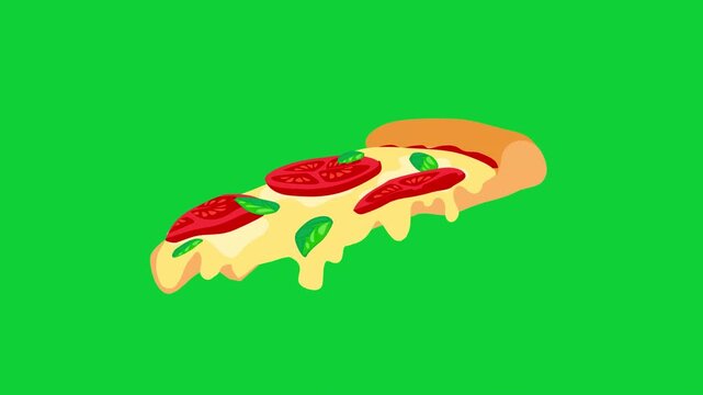 pizza slice with melted cheese tomatoes basil on green background 2d cartoon  animation 4k video footage 