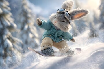 A charming rabbit snowboards down a snowy mountain slope, wearing a light blue winter jacket, beige snow pants and snow goggles. His long ears flap in the wind, his cute face full of excitement