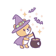 Cartoon bear dressed as a witch stirring a cauldron with bats and stars around it for Halloween.