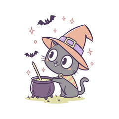 A cute cartoon gray cat wearing a witch hat stirs a potion in a cauldron, surrounded by bats and sparkles.