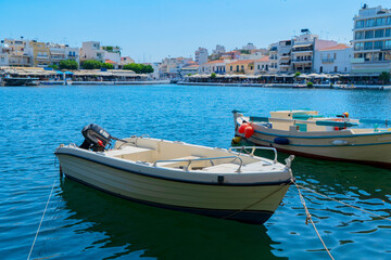 Fototapeta premium lake in harbour of Agios Nikolaos, , Crete, Greece, retro toned
