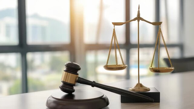 Scales justice, gavel sit on table, symbolizing law, fairness,, legal proceedings. A blurred background suggests office or courtroom environment