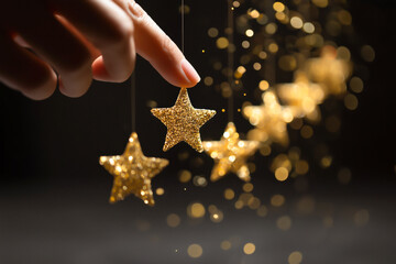 Hand touching a hanging gold glitter star decoration
