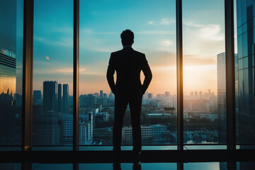 Silhouette of a businessman in a suit looking out a window at a city at sunset