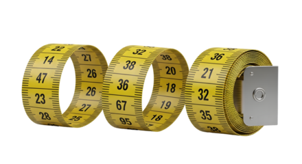 Yellow measuring tape with numbers and markings, coiled and isolated on transparent background
