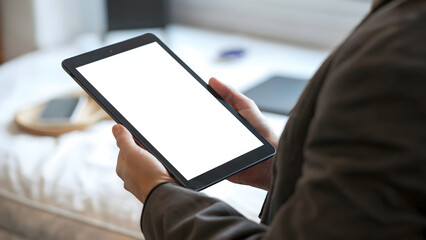Person holding a tablet with a blank screen, a versatile mockup for showcasing digital content, apps, or website.