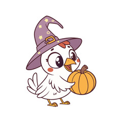 Cartoon chicken wearing a witch hat and holding a pumpkin, isolated on a white background.