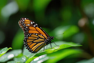 Obraz premium Macro close-up portrait of a monarch butterfly resting on a green leaf