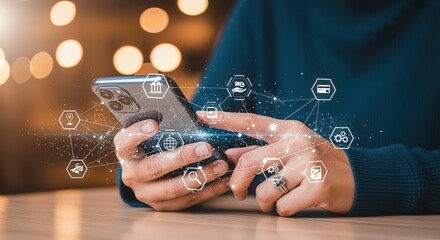 Person Using Mobile Banking App on Smartphone with Abstract Financial Network Overlay