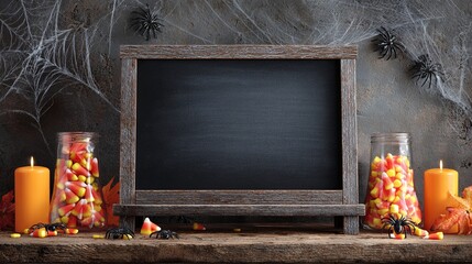 Spooky Halloween scene with vintage chalkboard, candy corn jars, orange candles, and spider web decorations creating a festive autumn mood